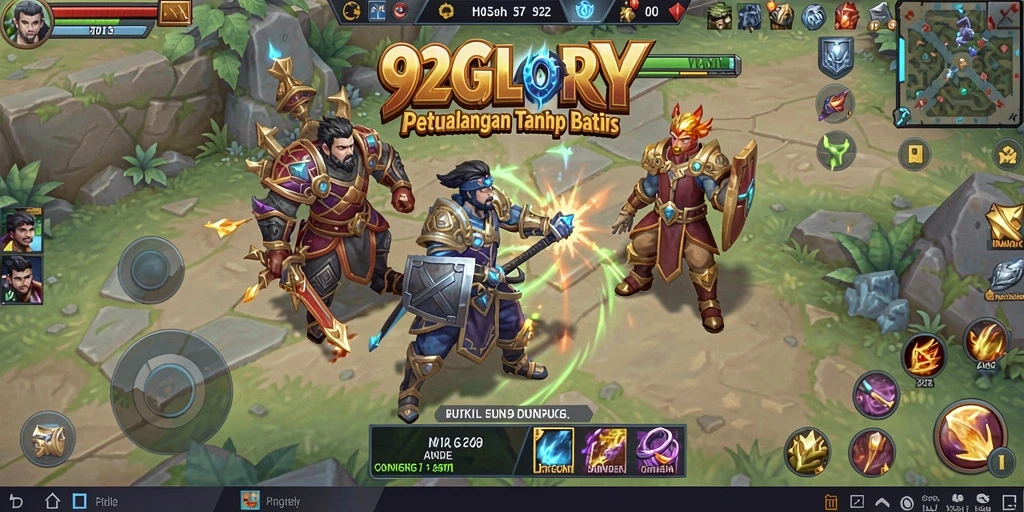 Screenshot gameplay 92GLORY menampilkan pertarungan epik dan eksplorasi dunia RPG.