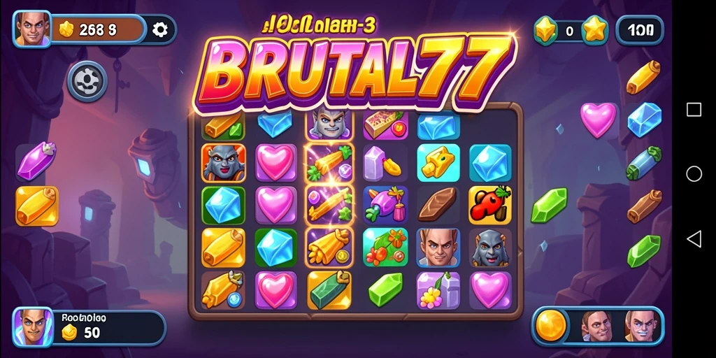 Tampilan menarik dari gameplay Match-3 di BRUTAL77.