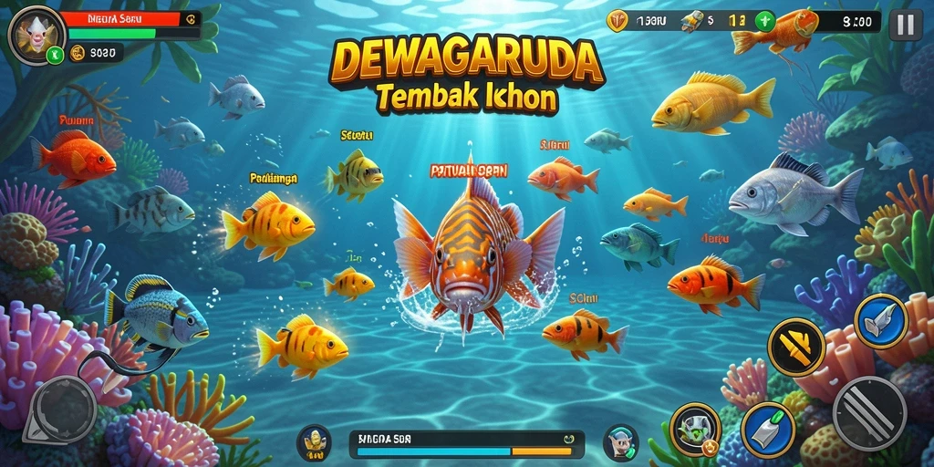 Screenshot gameplay DEWAGARUDA menampilkan pertempuran seru menembak ikan.