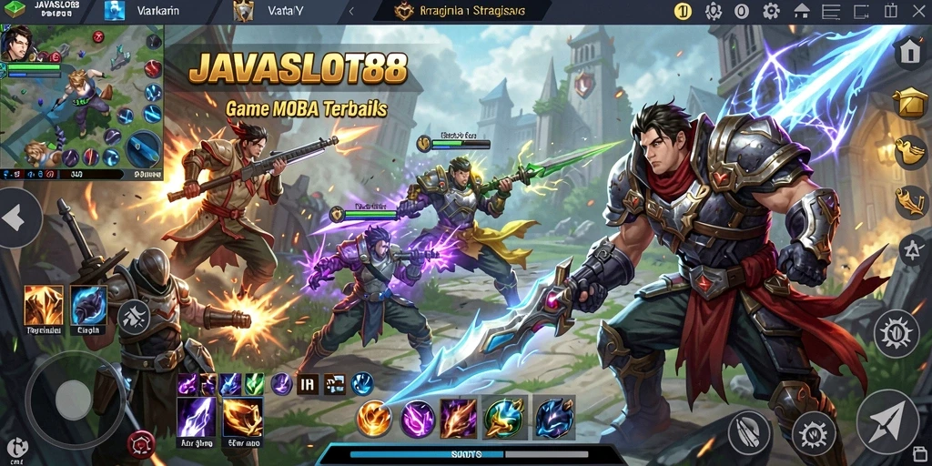 Tangkapan layar utama <strong>JAVASLOT88</strong> menampilkan pertarungan intens di arena MOBA.