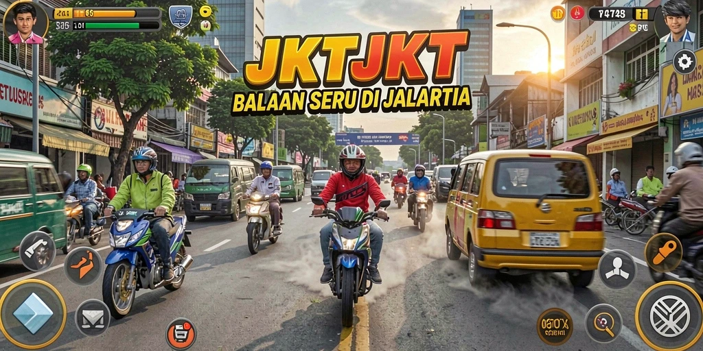 Tampilan gameplay JKTJKT dengan mobil balap di jalan Jakarta.