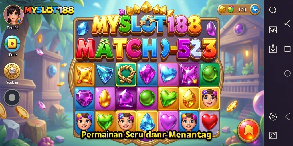 Screenshot menunjukkan gameplay seru MYSLOT188 dengan elemen Match-3 yang berwarna-warni.