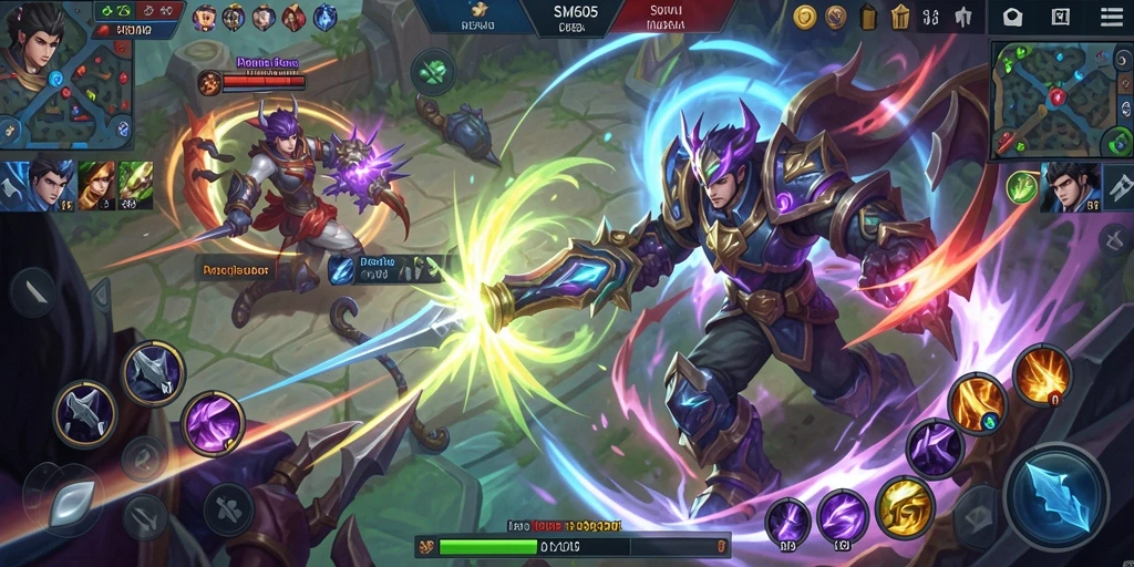 Screenshot gameplay SM605 menampilkan aksi seru pertempuran antar hero.