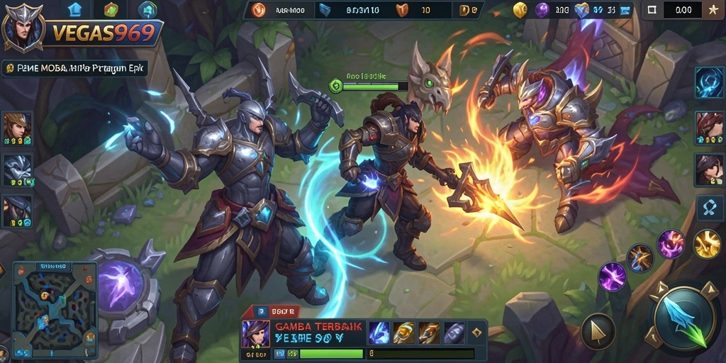 Screenshot gameplay MOBA yang intens dan mendebarkan.
